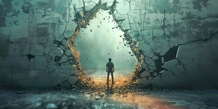 Insecurity: The Crumbling Foundation and Self-Doubt - Imagine a person with a crumbling foundation beneath them and filled with self-doubt, illustrating the experience of insecurity