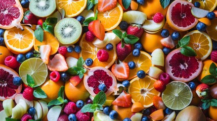 Fototapeta na wymiar An overhead shot of a vibrant fruit salad arranged in an artistic pattern, showcasing the beauty of nature's palette.