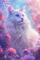Illustrated Fantasy Cat Amidst a Floral Wonderland - 790991519