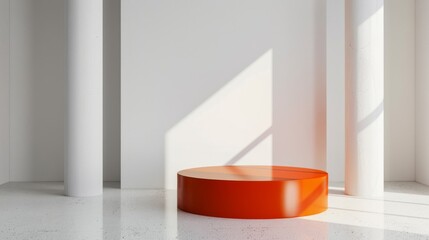 Bright orange cylindrical podium in a white room, bold and eye-catching for impactful presentations.