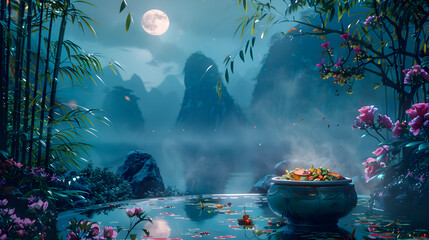 Harmonious Flow of Qi: Mystical Depiction of Traditional Chinese Medicine and Herbal Healing.