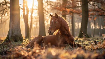 Chestnut mare pony relaxing in the winter sun with oak trees in the background - obrazy, fototapety, plakaty