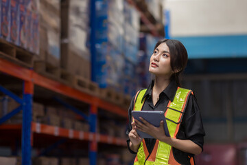 Warehouse worker working in warehouse storage. Foreman or worker work at factory site check up products in site. Inventory worker working in  factory Storehouse