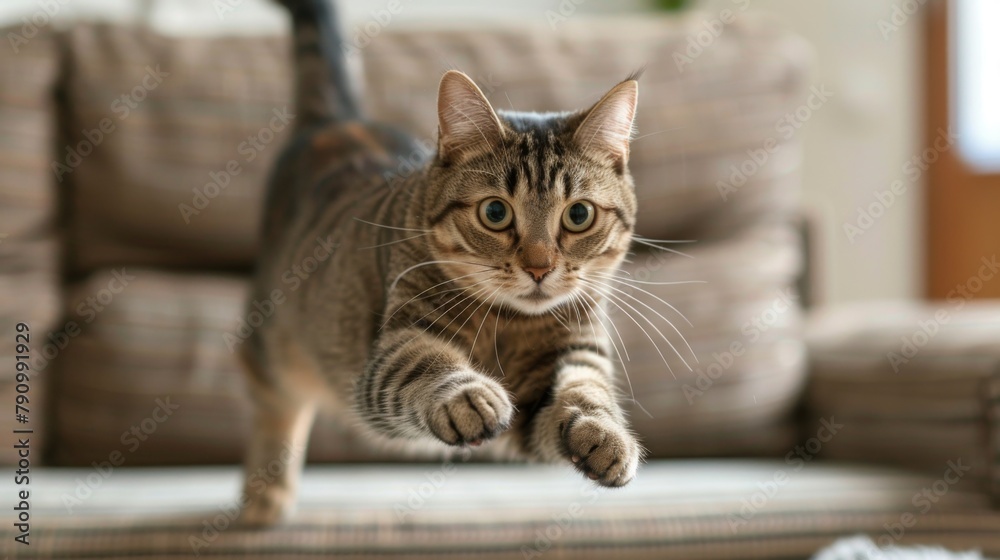 Poster an overweight tabby cat energetically sprinting through a living room obstacle course, displaying th