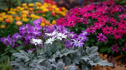 Cineraria bloom in a flowerbed during the fall - obrazy, fototapety, plakaty