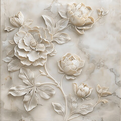 panel wall art, marble background with flower painting with a branch and leaves