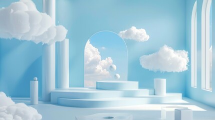 Cloud-like podium in a sky-blue room, whimsical and light for airy product displays. - obrazy, fototapety, plakaty