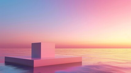 Compact cube podium on a gradient sunset backdrop, warm and inviting for home decor. - obrazy, fototapety, plakaty