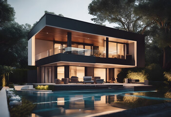 Obraz premium Modern Luxury Villa with Pool at Twilight - Elegant Architectural Design in a Lush Landscape