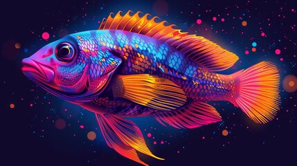 Vibrant cartoon fish with magenta fins and yellow scales in a cosmic setting