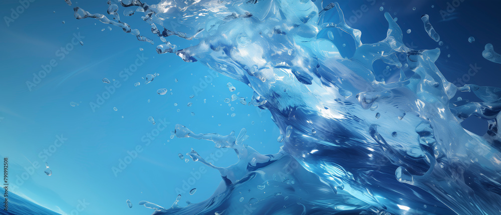 Poster A splash of water on a blue background. splash is in middle of image and extends from left to right side. image has calming and serene mood, with water appearing to be in motion and blue color