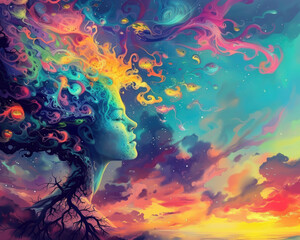 Experience the mystical transformation of a human into a flourishing tree, where roots and branches intertwine, symbolizing deep fusion with nature.