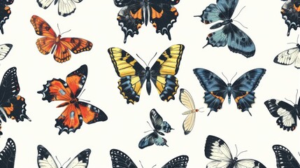 Butterflies in various poses and sizes arranged in a view on a pristine white background