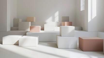 Dynamic array of small podiums in a minimal white space, versatile and interactive for group displays.