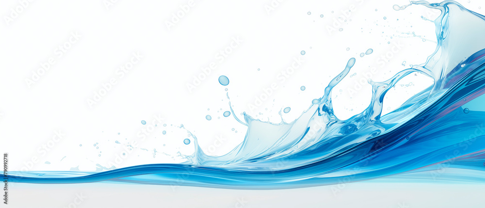 Poster A splash of water on a white background. The splash is in the middle of the image and extends from the left to the right side