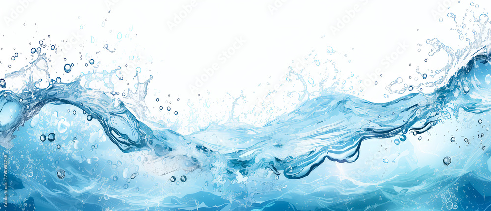 Poster A splash of water on a white background. The splash is in the middle of the image and extends from the left to the right side