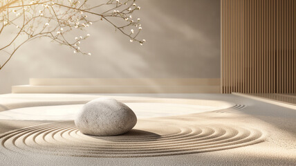 Oriental set of zen garden concept Japanese style minimal abstract background.podium and sand and bonsai tree with natural light  scene