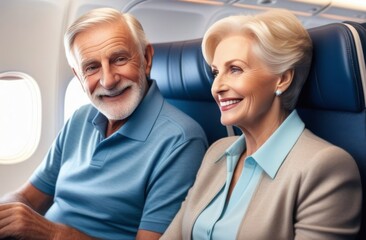 elderly happy family in airplane cabin, travel