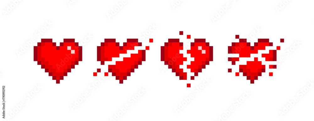 Poster vector pixel hearts with broken animation in retro 8-bit game style. red pixel heart scale wasting l