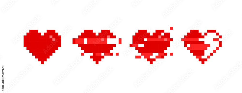 Poster vector pixel hearts icons set with glitch effect animation in retro 8-bit video game style - isolate