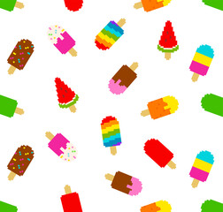 Vector Pixel Ice Cream colorful seamless pattern background in retro game style. Perfect Pixel Ice Сream on a stick and ice cream popsicle decorative pattern for print fabric, textile, menu cover 