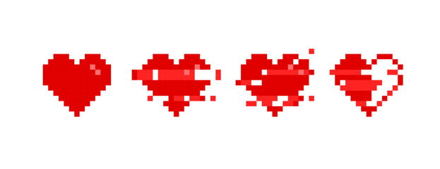 Vector Pixel Hearts icons set with glitch effect animation in retro 8-bit video game style - isolated vector on background	
