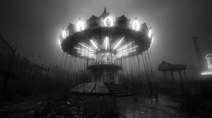 A forgotten carnival under a rainy night, featuring an eerie, abandoned atmosphere with illuminated rides