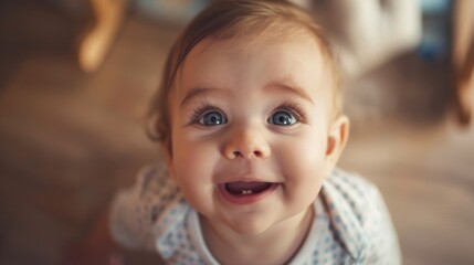 Close-up of a cute toddler taking their first steps, a proud smile lighting up their face.