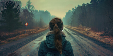 Regret: The Road Not Taken and Wistful Gaze - Picture a person looking down a road not taken with a wistful gaze, illustrating feelings of regret - obrazy, fototapety, plakaty