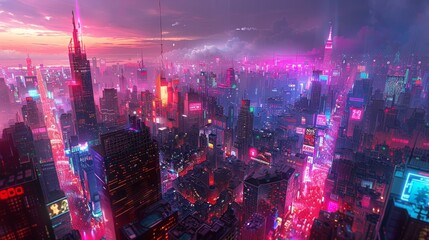 Futuristic cityscape illuminated by vibrant neon lights under a surreal sky