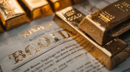 Close-up of a financial newspaper featuring a prominent headline about gold market performance. - obrazy, fototapety, plakaty