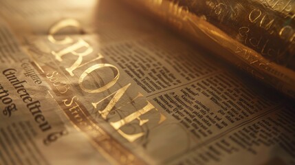Close-up of a financial newspaper featuring a prominent headline about gold market performance. - obrazy, fototapety, plakaty