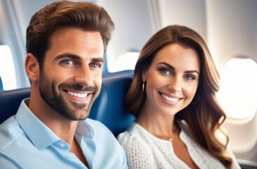 Fototapeta premium young family in an airplane, travel