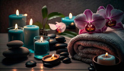 Obraz na płótnie Canvas skin care spa set, decoration, candle and towels, oil bottle and green leaves and blossoms. Generative AI,