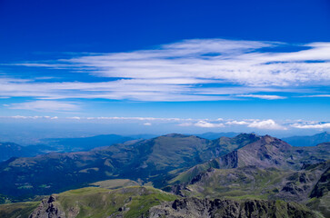 Panoramic view from mountain summit Monte Viso (Monviso) in the Cottian Alps, Cuneo, Piemonte,...