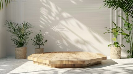 Hexagonal wooden podium in a minimalistic natural setting, simple and earthy.