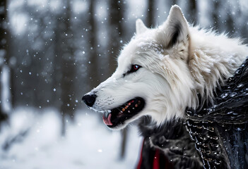 Obraz premium Winter's Sentinel: Majestic White Wolf in Snowy Norse Wilderness