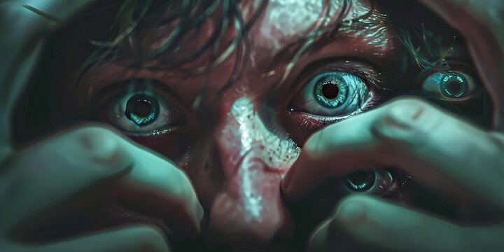 Paranoia: The Watching Eyes and Distrustful Glances - Picture a person surrounded by watching eyes and giving distrustful glances, illustrating the experience of paranoia