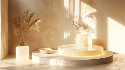 Lightbox-style podium emitting a soft glow, ethereal and soft for delicate items.