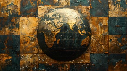 Artistic bronze globe on a textured mosaic background, capturing the essence of global diversity