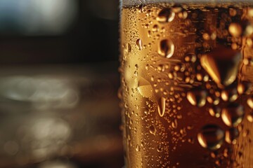 Close-up beer glass with condensation drops, ideal for text placement and advertising