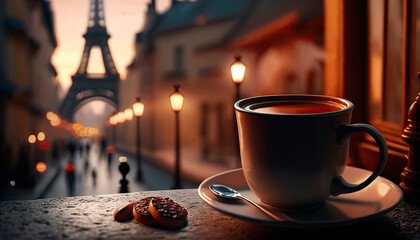 Cup coffee in the background Paris Eiffel Tower. Generative AI,