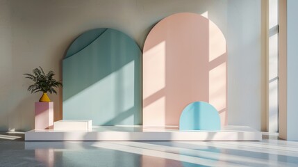 Minimal geometric podium in soft pastel shades, perfect for a modern art gallery display.