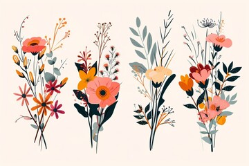 Abstract floral vector compositions. Contemporary cartoon bouquets. Minimalist hand-drawn flowers.