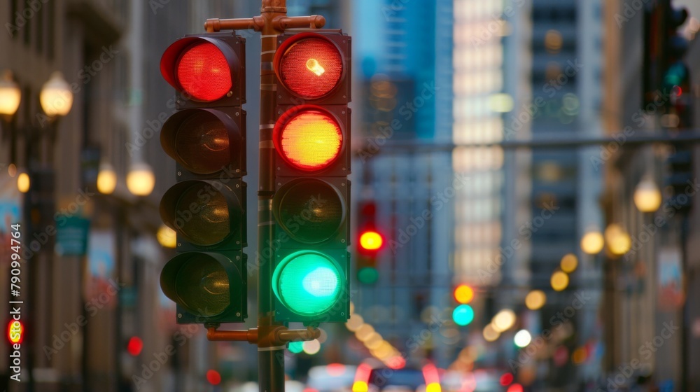 Poster close-up of a traffic light changing from red to green, signaling the ebb and flow of vehicles in th