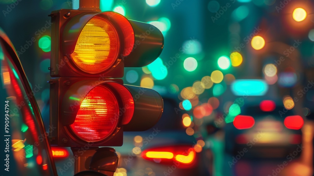 Aufkleber close-up of a traffic light changing from red to green, signaling the ebb and flow of vehicles in th