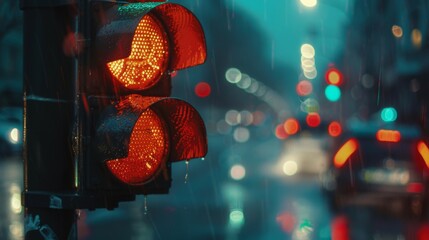 Close-up of a traffic light changing from red to green, signaling the ebb and flow of vehicles in the city. - obrazy, fototapety, plakaty