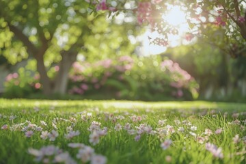 Obraz premium Green field grass lawn beautiful garden summer sunlight nature beauty yard cottage outdoors trees spring field relaxation flowers blooming fresh leaves