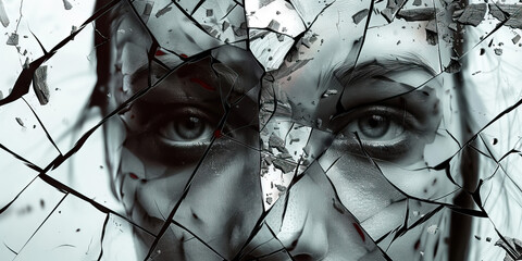 Disillusionment: The Shattered Illusions and Empty Gaze - Visualize shattered illusions around a person with an empty gaze, illustrating feelings of disillusionment - obrazy, fototapety, plakaty
