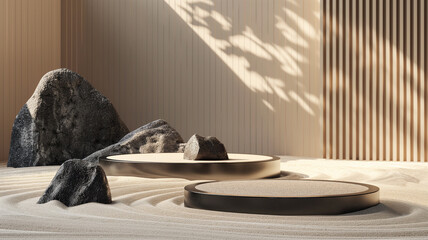 Oriental set of zen garden concept Japanese style minimal abstract background.podium and sand and bonsai tree with natural light  scene